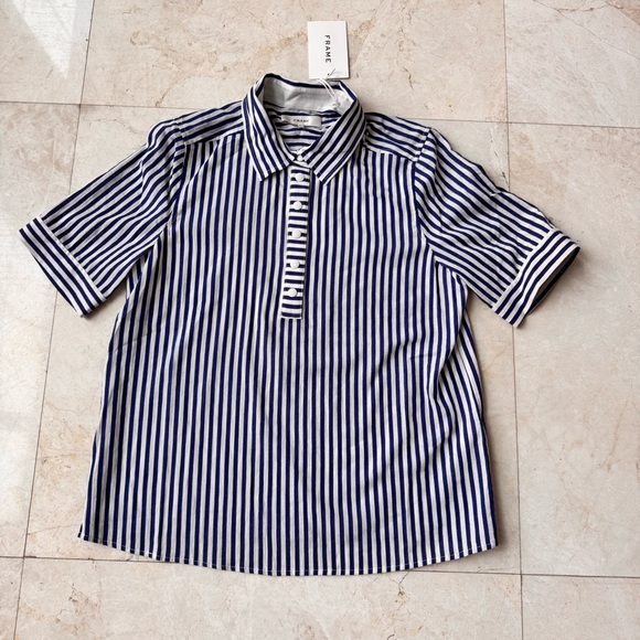 Frame The Snap Polo Striped Blue and White Top size M - Picture 5 of 13